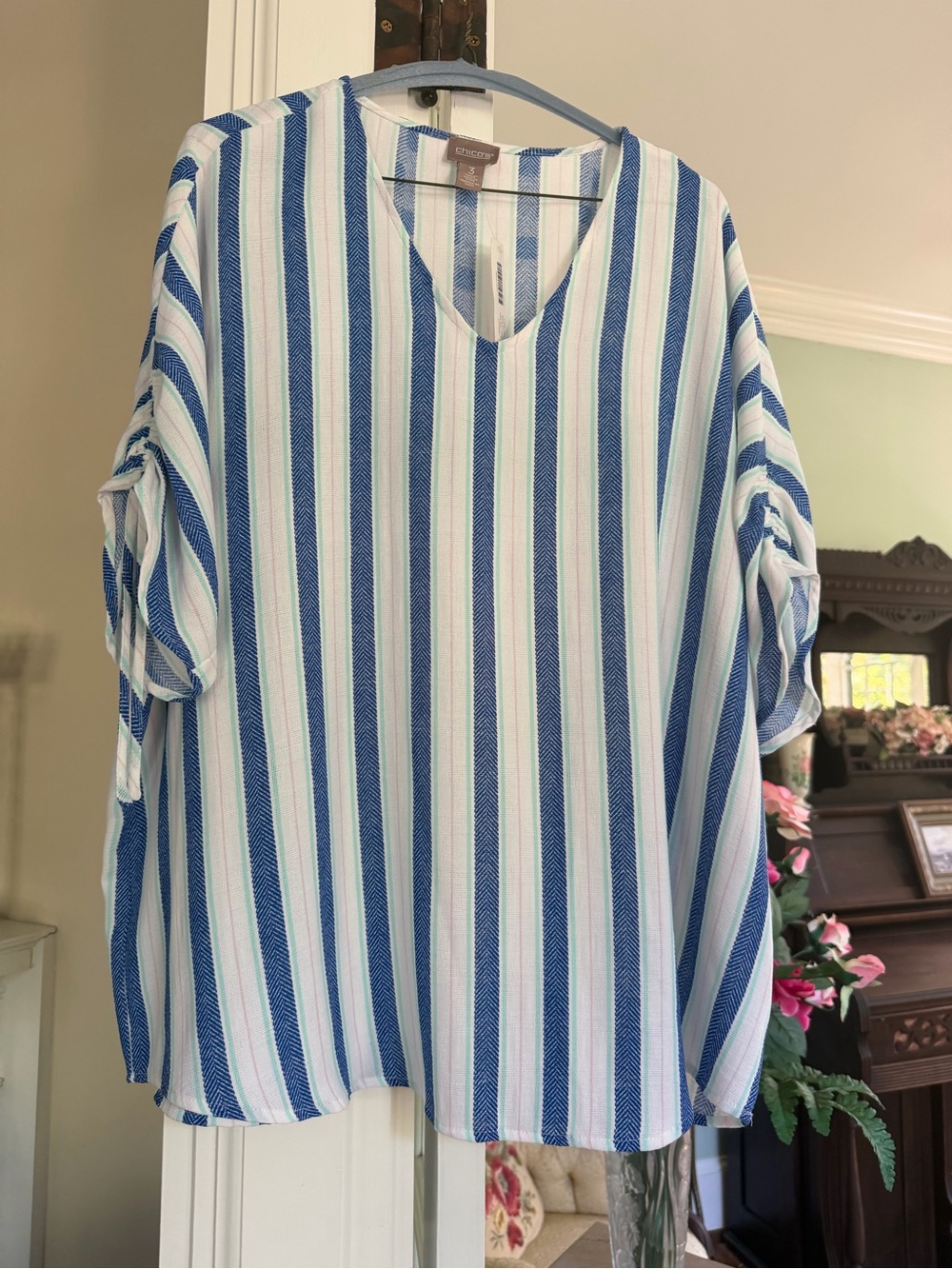 Chico's Blue and White Vertical Stripe V-Neck Tunic, NWT, Size 3